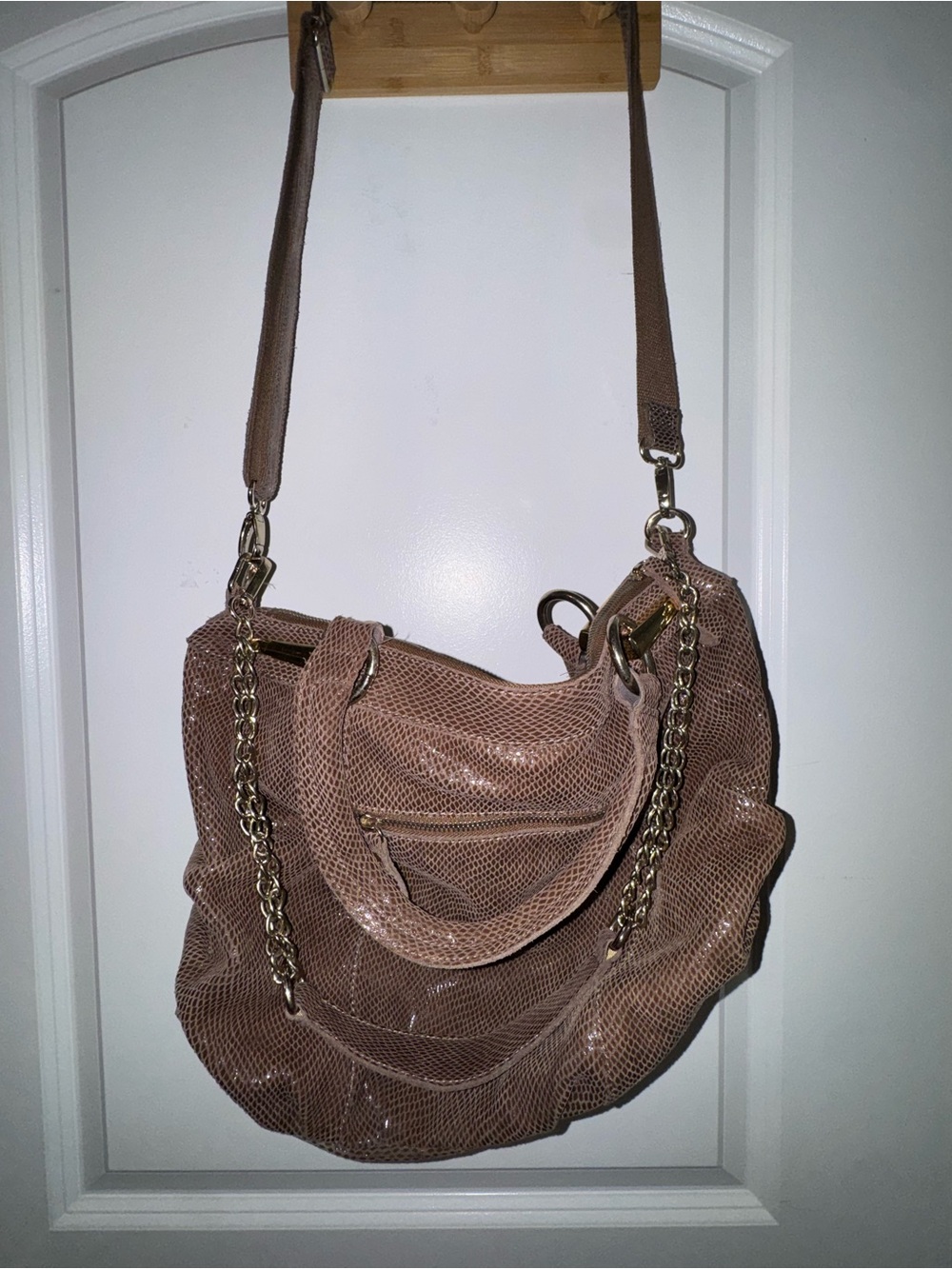 Monserat De Lucca Blush Taupe Snake-Embossed Shoulder Bag with Gold Chain